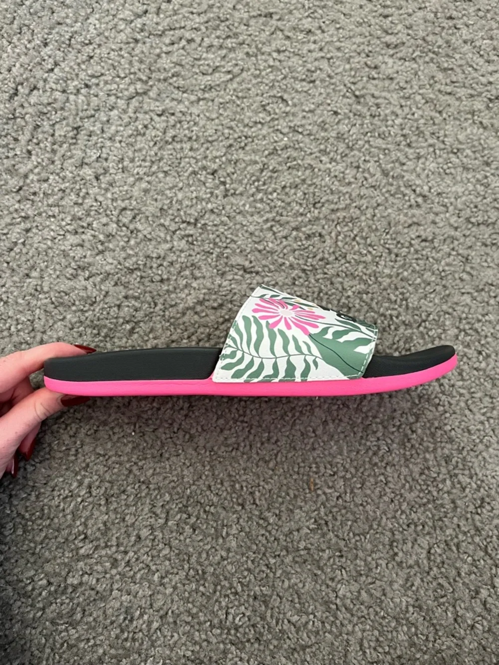 adidas Black Slide Sandals with Pink Trim and Floral Strap - Picture 4 of 8